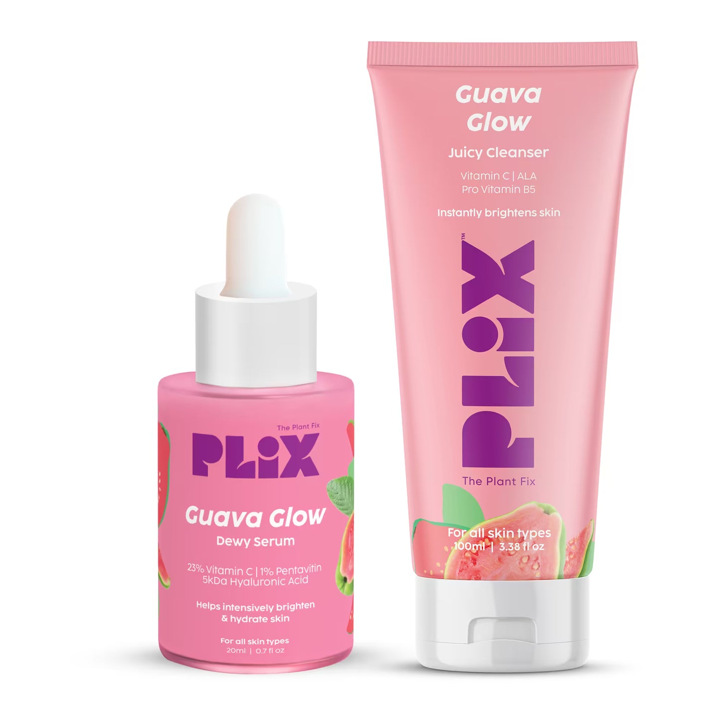 PLIX Guava Glow Brightening Skincare Combo | Vitamin C Face Serum + Juicy Cleanser | Hydrating and Glow Boosting Skin Care
